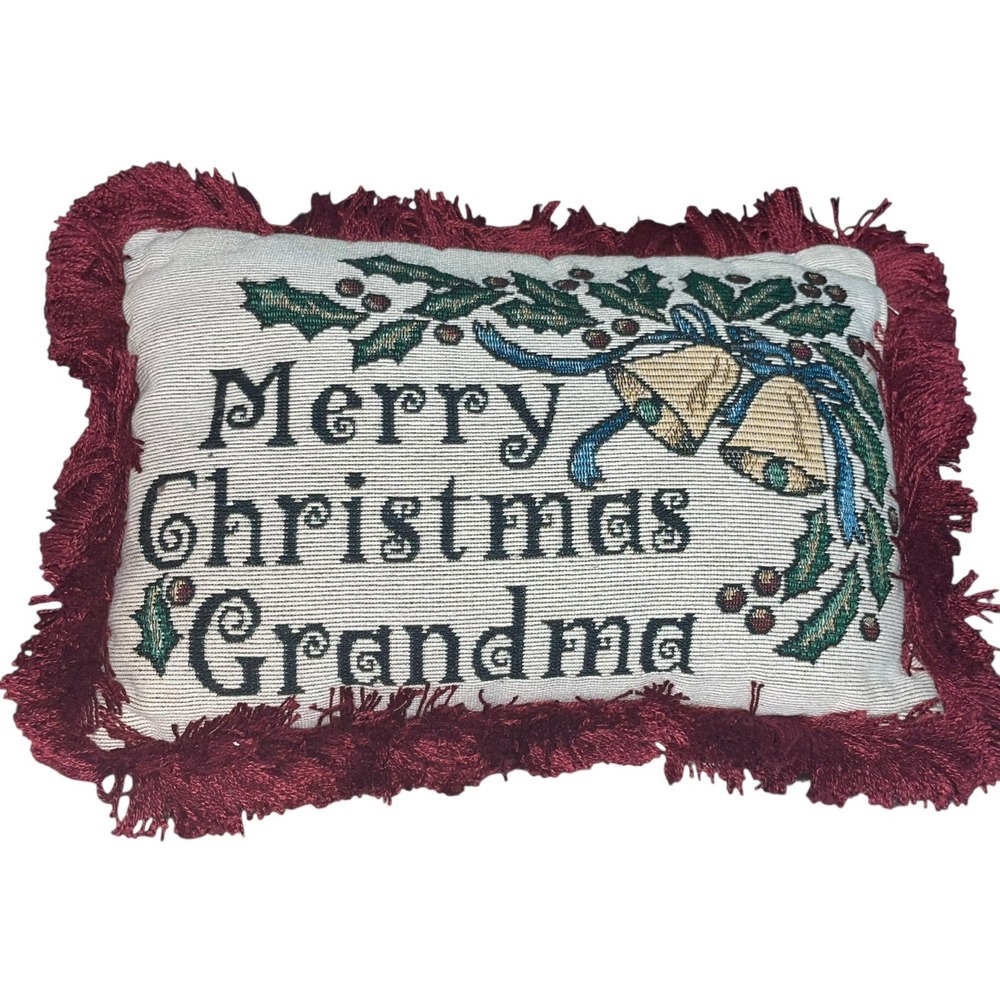 Merry Christmas Grandma‎ Tapestry Pillow 13x10 Burgundy Fringe Holiday Decor